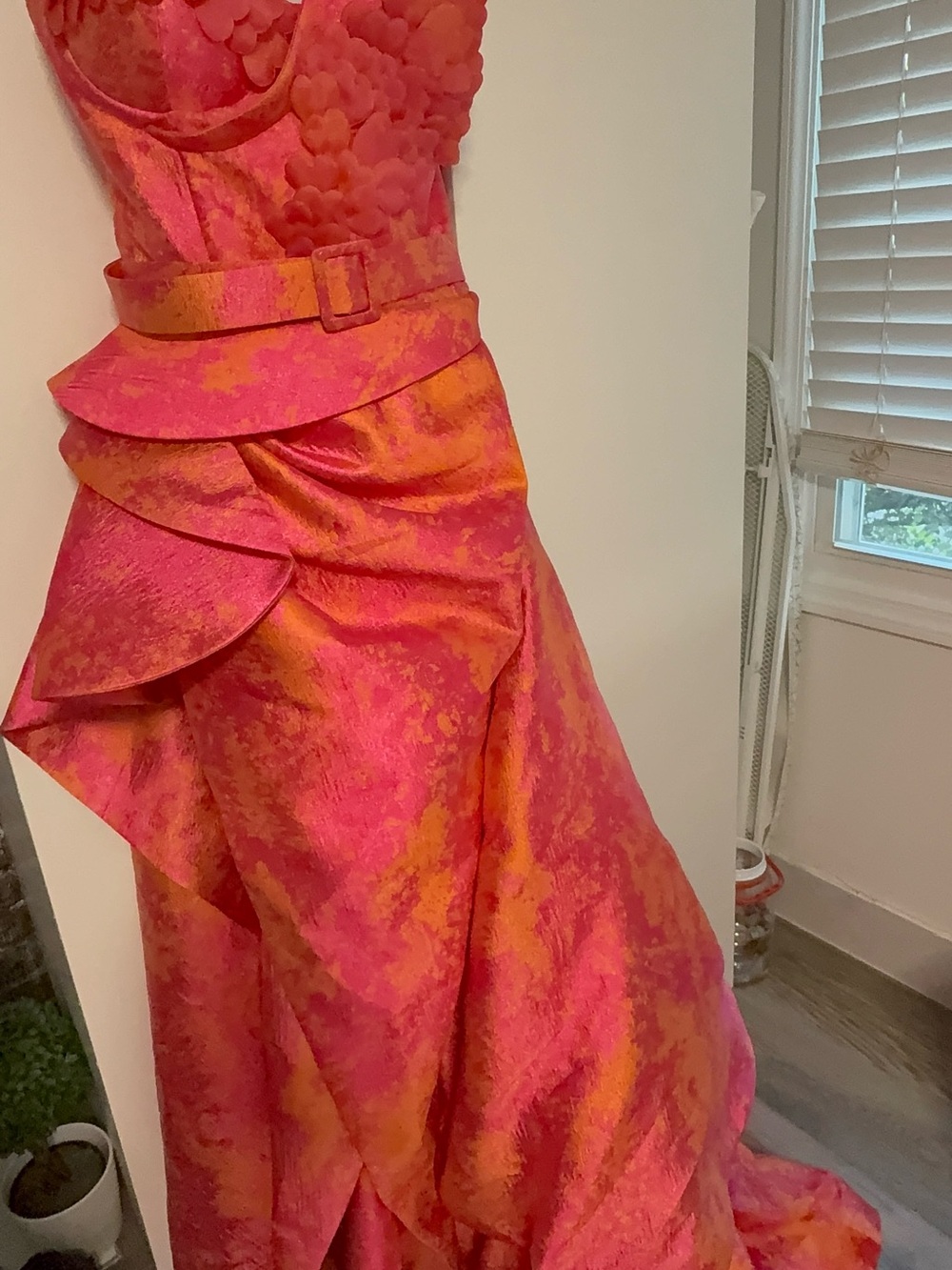 MNM Couture Pink and Orange Satin Ruffle Gown with Belt